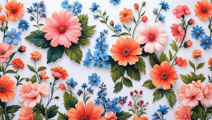 Poster - Vibrant floral arrangement with assorted colorful flowers and greenery on a white background ideal for decorative themes