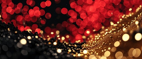Poster - Abstract background with blurred red and gold bokeh lights on a dark surface suitable for overlay or decoration in design projects