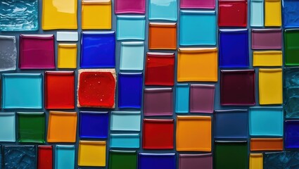 Poster - Colorful mosaic tiles arranged in a geometric pattern with bright hues of red, blue, yellow, green, and purple in a square layout.