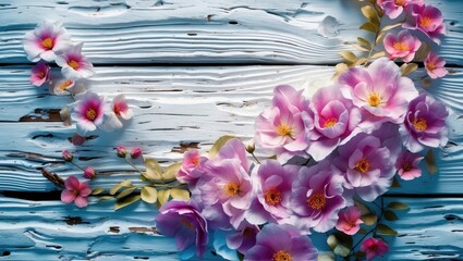 Poster - Pink flowers arranged on weathered blue wooden background with delicate petals and green leaves.