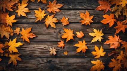 Poster - autumn leaves scattered on weathered wooden surface in vibrant orange and yellow shades natural text