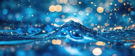 Poster - Close-up of blue water surface with ripples and sparkling bokeh effect in background creating a dynamic and refreshing atmosphere
