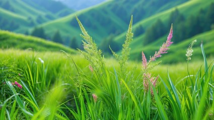 Poster - Lush green grass field with wildflowers in foreground and rolling hills in background under soft natural lighting during daytime