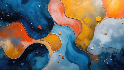  - Abstract colorful painting with flowing shapes in blue, orange, yellow, and white tones featuring textured elements and dots.