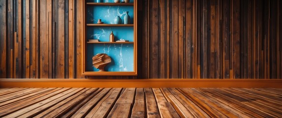 Poster - Wooden interior with a blue accent wall and decorative shelf displaying pottery and sculptures, featuring hardwood flooring.