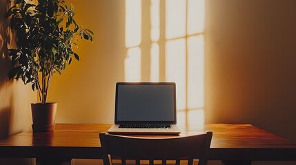 Poster - Cozy and Functional Minimalist Home Office Workspace with Laptop Computer and Neutral Decor Elements Providing a Productive and Inspiring Environment