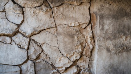 Poster - Cracked and weathered stone wall surface texture with visible crevices and rugged details