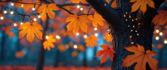 Poster - Autumn leaves with orange hues illuminated by warm string lights on a tree trunk in a serene outdoor setting