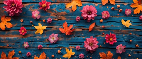 Poster - Colorful flowers and autumn leaves arranged on a rustic blue wooden background