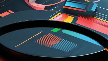 Vibrant Graphic Composition: An abstract graphic design showcases a colorful array of geometric shapes and patterns on a dark backdrop, creating a modern and visually captivating composition.