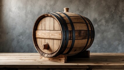 Poster - Wooden barrel with metal bands displayed on wooden table against textured wall in rustic setting