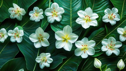 Poster - White flowers and green leaves flat lay composition nature background