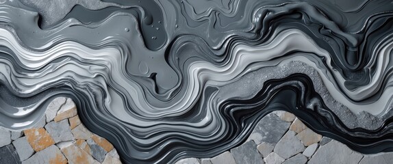 Poster - Gray and black acrylic paint mixed with textured stone background in abstract fluid art composition