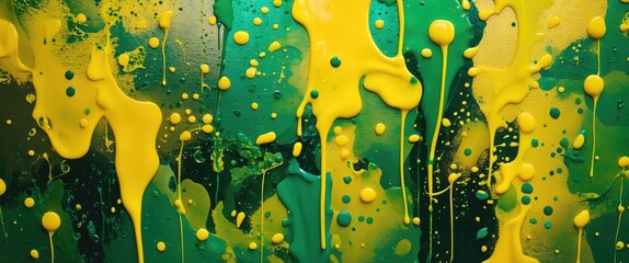Poster - Colorful abstract paint splatter in yellow and green tones on a textured surface creating dynamic visual patterns and textures
