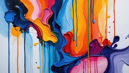 Poster - Abstract fluid art with vibrant colors blending and dripping on a white canvas creating a dynamic visual composition.