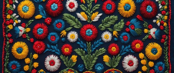 Poster - Colorful intricate embroidery floral design with various blooms on a dark fabric background