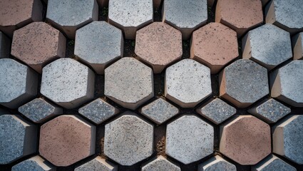 Poster - Hexagonal paving stones in various colors arranged closely on outdoor ground surface background shot from above