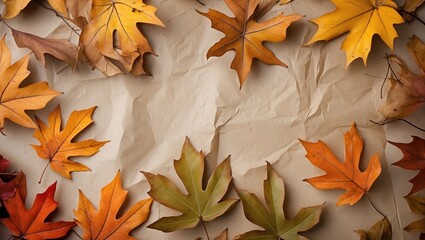 Poster - Autumn leaves in various colors arranged on wrinkled beige paper background displaying seasonal foliage and texture.