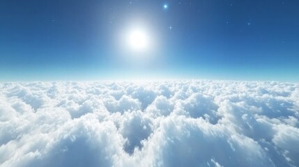 Poster - Transport yourself above a soft expanse of clouds, where the sun shines brightly in an endless blue sky, creating a serene and tranquil atmosphere at dawn