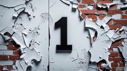 Poster - Number one on a weathered wall with peeling paint and exposed brick background in an urban environment