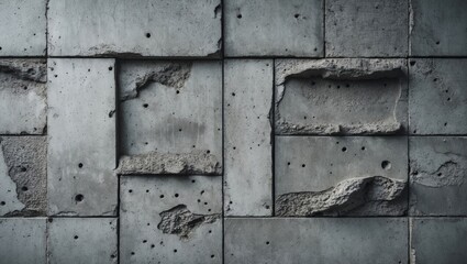 Poster - Textured concrete wall with irregular surfaces, damaged areas, and varying shades of gray, showcasing industrial design elements.