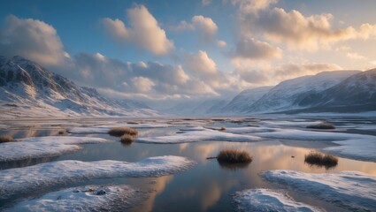 Poster - snowy landscape with reflective water bodies and mountains under a cloudy sky during sunset or sunri