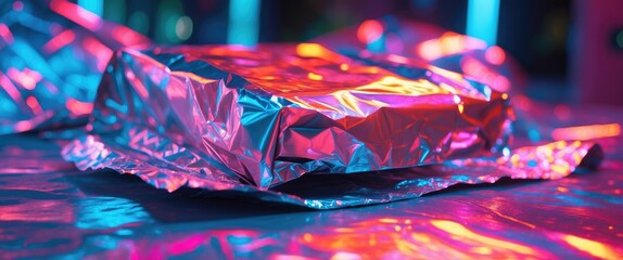 Poster - Reflective foil packaging on a colorful illuminated surface with vibrant pink and blue lighting against a blurred background