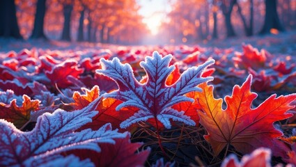 Poster - frost-covered autumn leaves on forest floor with vibrant colors and soft sunlight filtering through trees shrouded in morning mist
