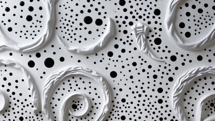 Poster - Decorative white plaster wall texture with swirling patterns and black dots on a light background