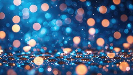 Poster - Colorful abstract background with blue bokeh lights and glimmering droplets on a surface creating a festive mood