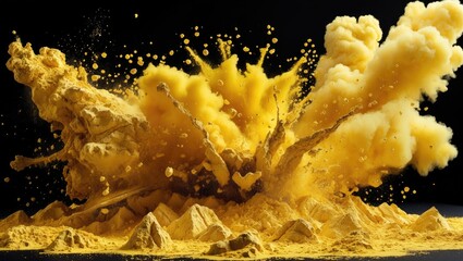 Poster - Yellow powder explosion creating a cloud of dust and debris on black background with particles and texture visible
