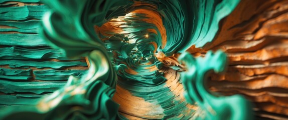 Poster - Abstract close-up of twisted colorful wood texture with vibrant teal and orange hues creating a dynamic fluid appearance