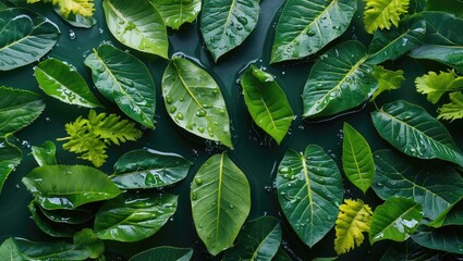 Poster - Various green leaves on dark background with water droplets and natural textures, flat lay composition.