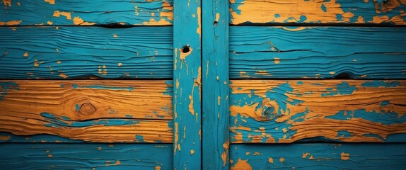 Poster - Blue and orange weathered wooden planks with peeling paint texture background