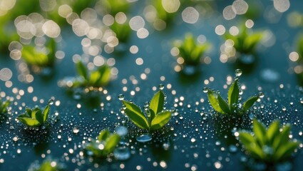 Poster - Close-up of fresh green plant leaves with dew droplets on a blurred background of vibrant greenery and soft bokeh effect