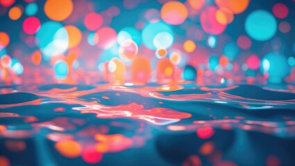 Poster - Abstract colorful bokeh lights reflected on water surface with vibrant hues of blue, orange and pink creating a dreamy background effect