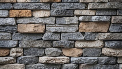 Poster - Textured stone wall with a mix of gray and beige stones arranged in a pattern suitable for architectural background or design use.