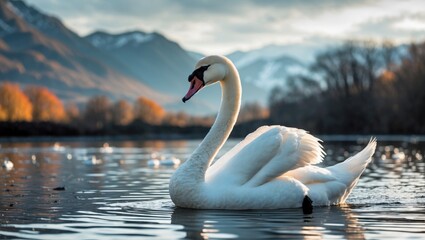 Poster - Graceful white swan gliding on tranquil waters with autumn foliage and mountains in the background under soft evening light