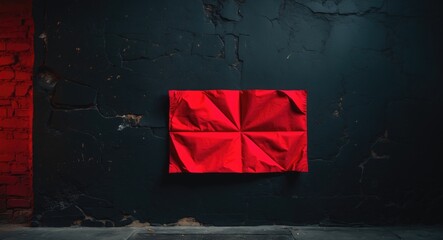Poster - Red crumpled paper sheet mounted on textured dark wall creates a contrast in an artistic interior setting