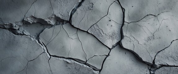 Poster - Cracked textured surface of dried plaster or concrete with varying shades of gray and visible fissures and imperfections