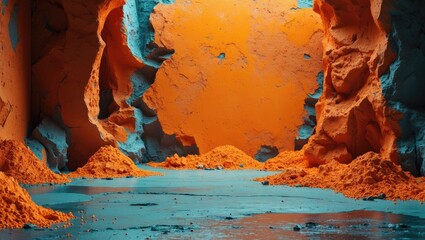 Poster - Abstract cave interior with orange and teal colored walls, textured surfaces and scattered orange sand on the floor.