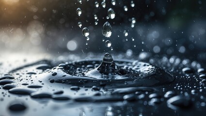 Poster - High-resolution close-up of water droplets splashing on a dark reflective surface creating concentric ripples and bokeh effects.