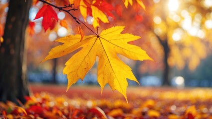 Poster - Autumn leaves in vibrant colors with a focus on a yellow maple leaf against a blurred background of red and orange foliage.