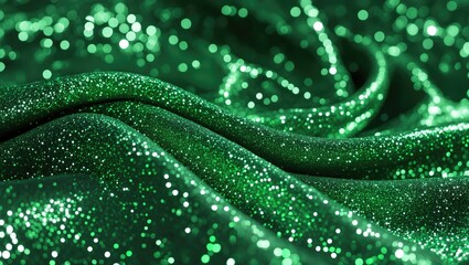 Poster - Sparkling green glitter fabric in soft wave patterns creating a textured background with bokeh light effect