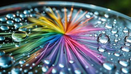 Poster - Macro shot of colorful flower petals submerged in water with rain droplets on transparent surface creating vibrant reflections.