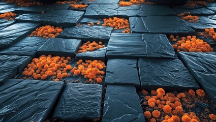 Leinwandbilder - Black sandstone textured floor tiles with vibrant orange flower accents creating a unique and striking background design.