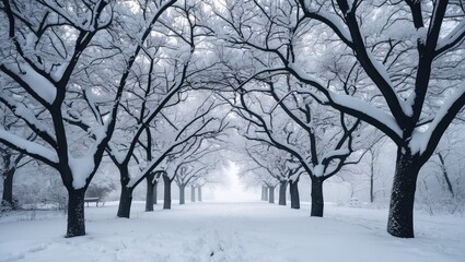 Aufkleber - Snow-covered winter landscape with black tree branches creating a serene, tranquil pathway through the snowy forest.