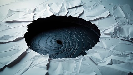 Leinwandbilder - Swirling black hole emerging from torn white paper creating a striking visual contrast of depth and texture.