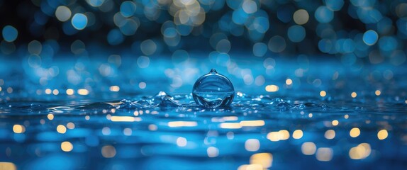 Poster - Water droplet creating ripples in blue water with blurred bokeh lights in the background