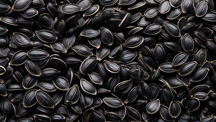 Poster - Black sunflower seeds arranged closely together creating a rich texture suitable for backgrounds in culinary or agricultural themes.